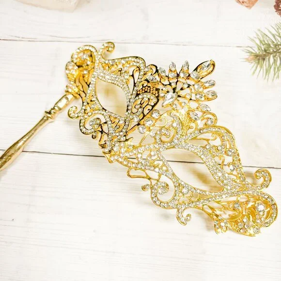 Clear Crystal Masquerade Mask with Stick, Gold Masquerade Mask, Wedding Party - Picture 3 of 6